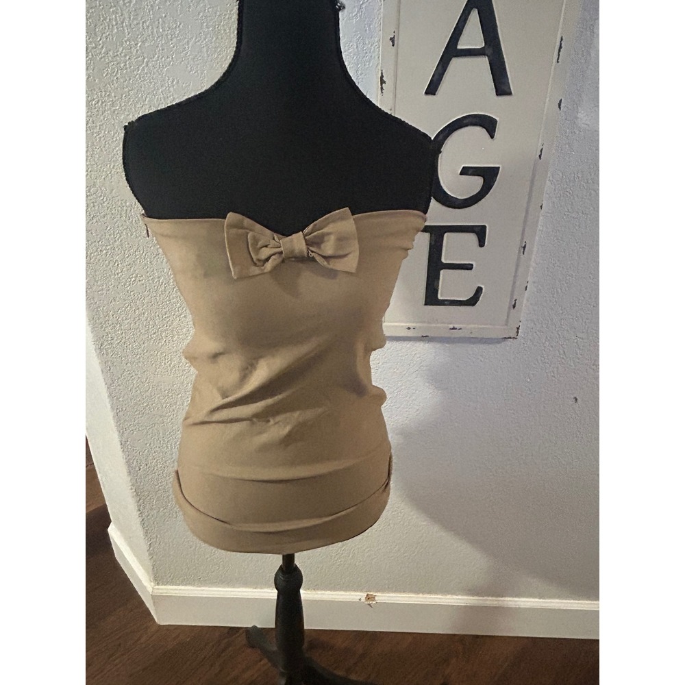 Top 10 Tan Beige Strapless Bow Tube Top Side Zip Bodice Top Medium y2K
